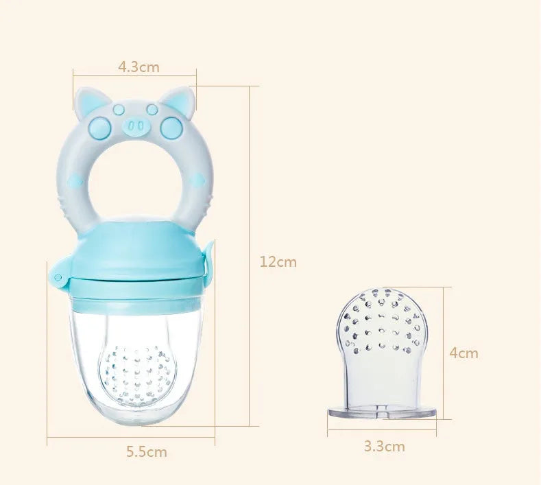 Silicone baby teether in blue, green, or pink with textured mouthpiece for gum relief