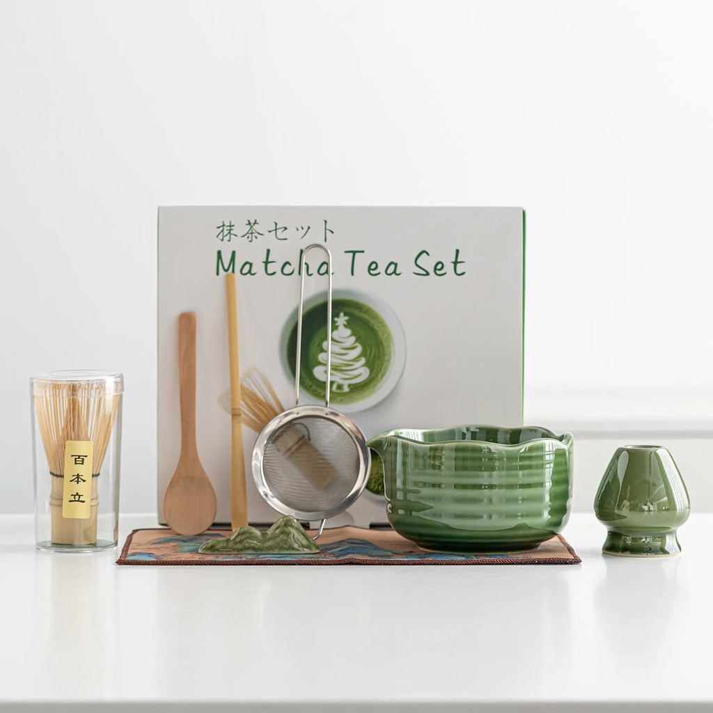 8-piece ceramic matcha bowl tea set with flower mouth bowl, Japanese style, 25 x 22 x 10.3 cm