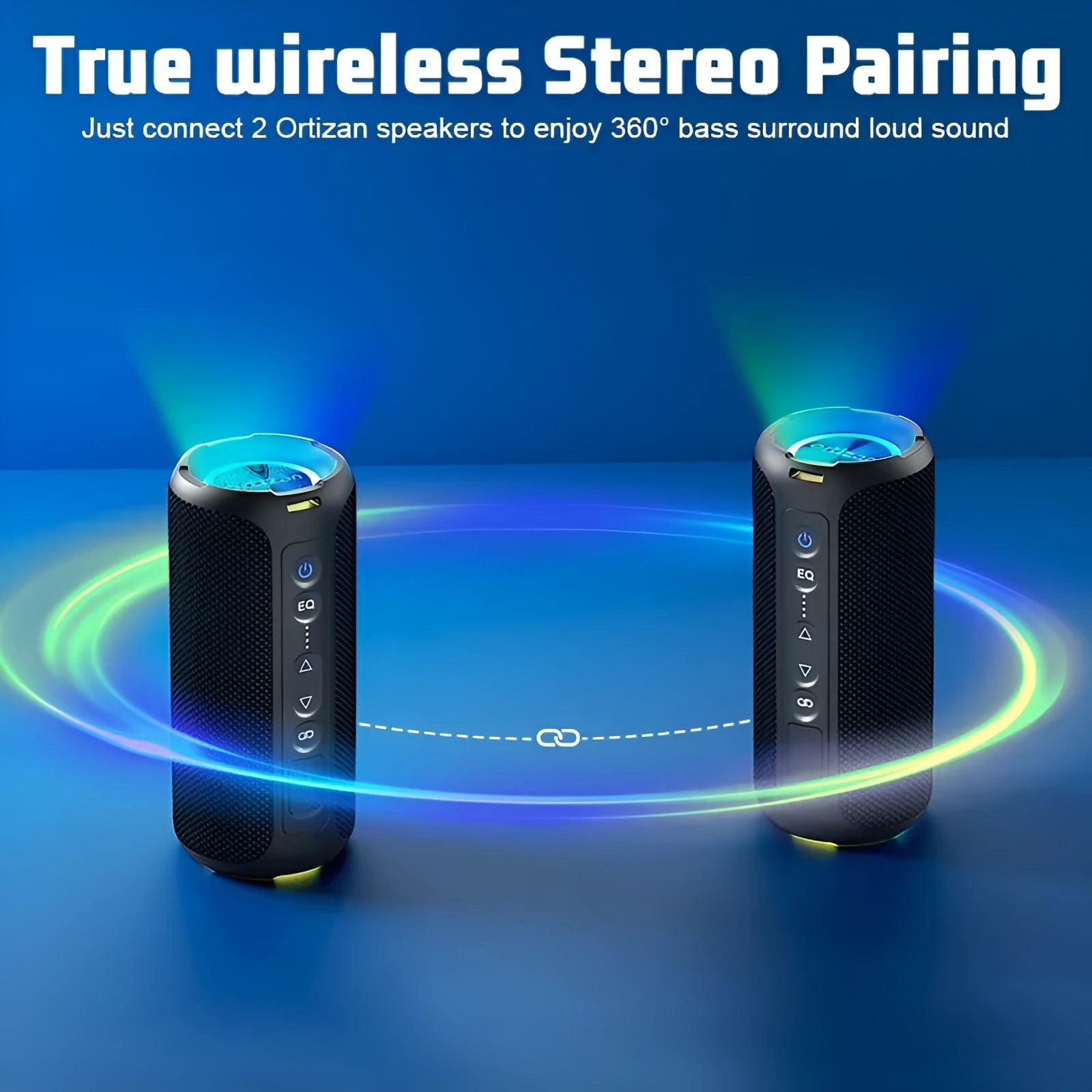 Black and blue fabric-covered wireless Bluetooth speaker with LED lights showing 40W power rating