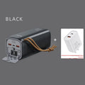 Black portable power bank with solar panel, showing size scale and output ports.