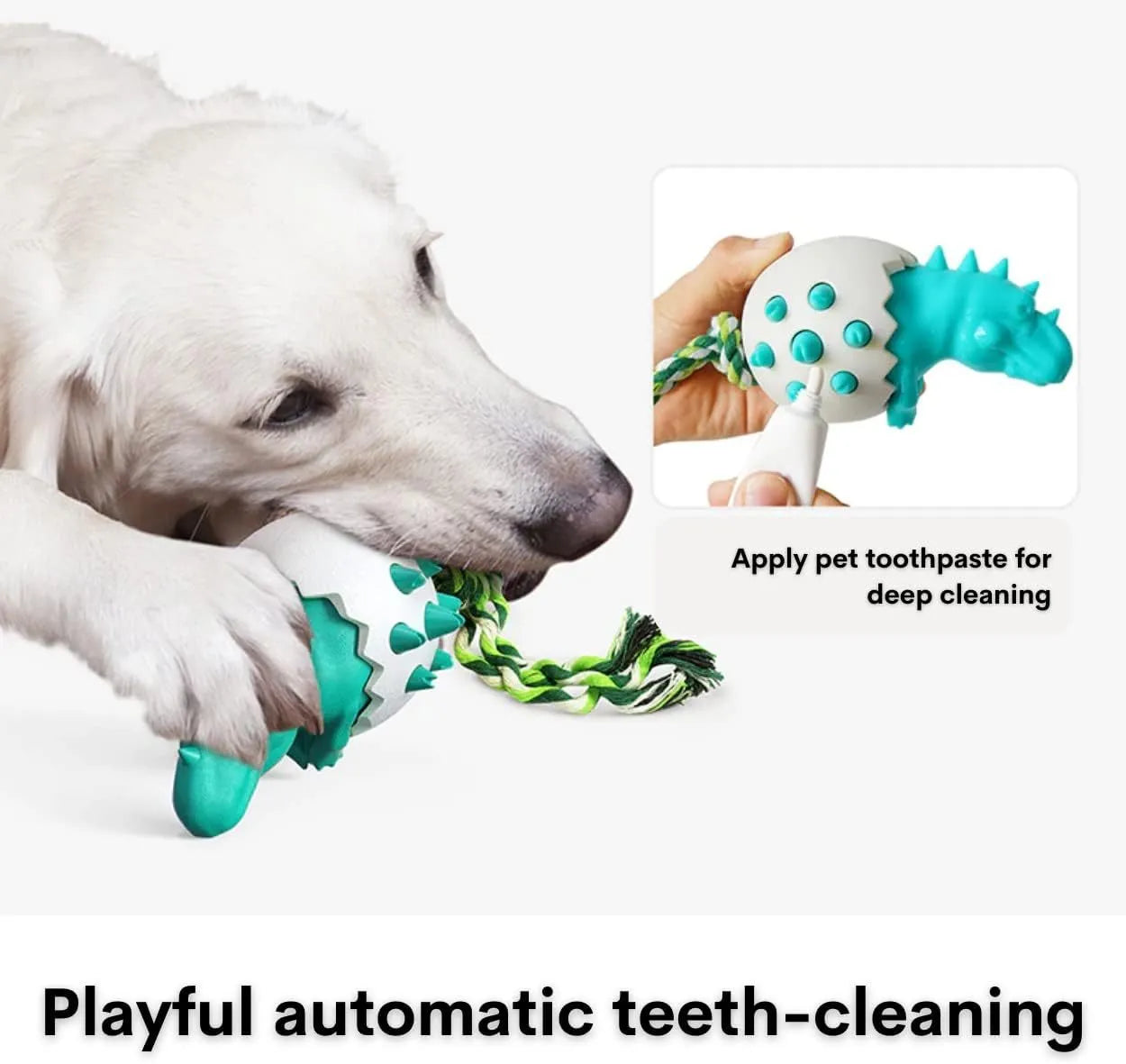 Blue dinosaur-shaped dog chew toy with textured rubber body and green nylon rope tails.