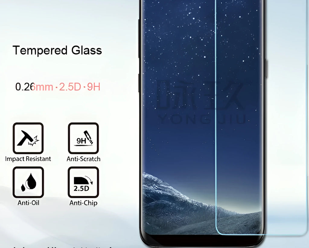 Samsung Galaxy S8 Plus 0.26mm tempered glass screen protector with arc edge and anti-fingerprint coating