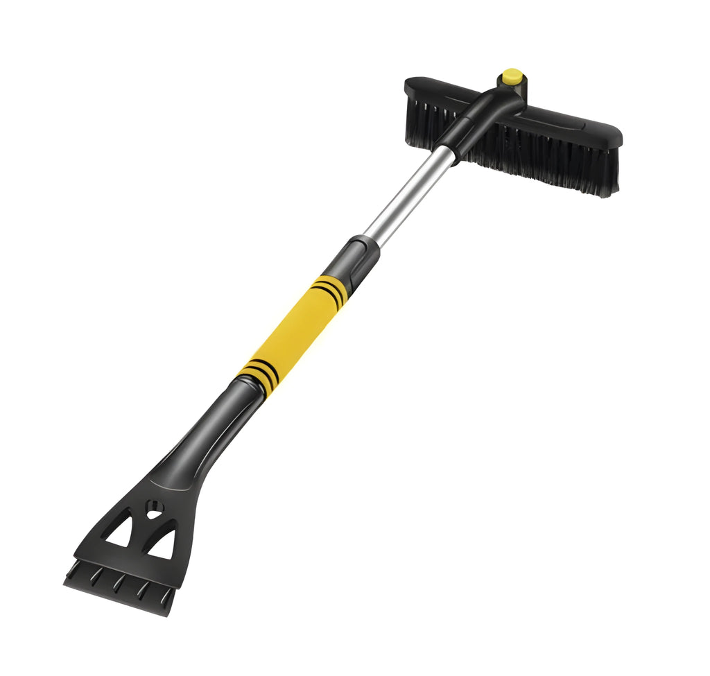 Yellow car telescopic snow shovel with aluminium handle, PVC brush and PP plastic scraper extended to 80cm on snowy windscreen