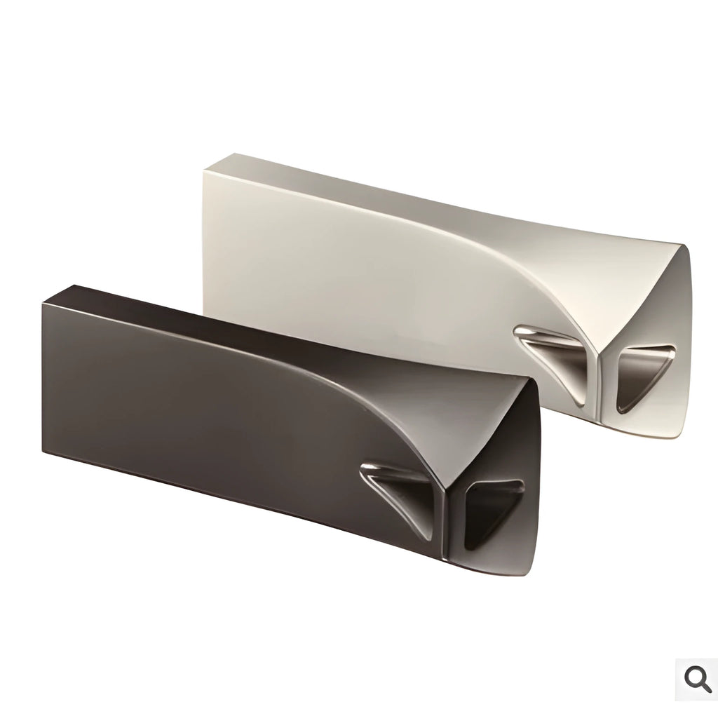Small triangle metal USB 2.0 drive with write protection switch and indicator light in silver finish