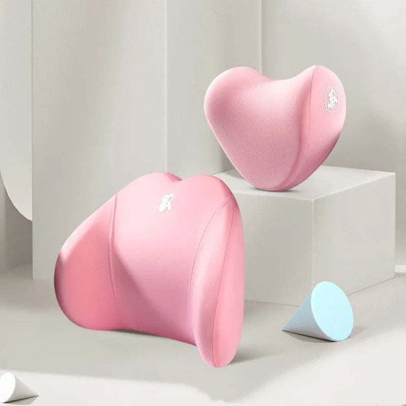 Heart-shaped car pillow set with memory foam filling for headrest and lumbar support in multiple colour options