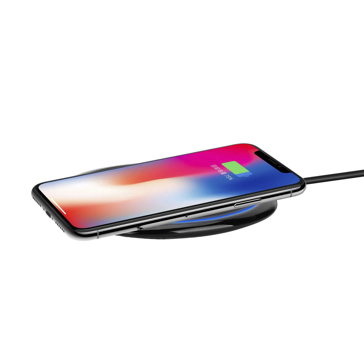 Black 15W fast wireless charger on a desk, glossy surface with indicator light