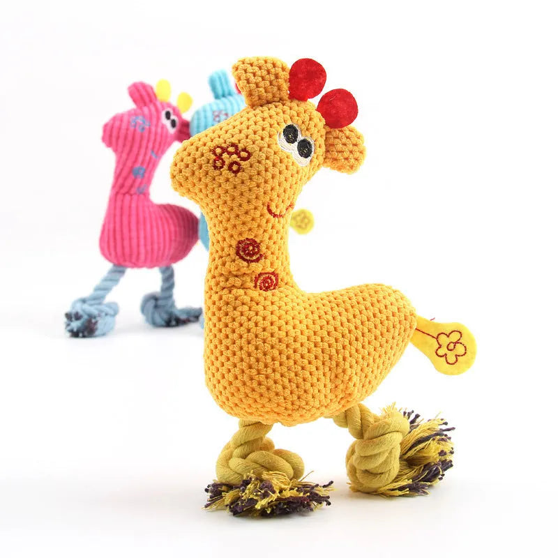 Blue deer-shaped plush dog toy with corn grain texture and squeaker for pet play