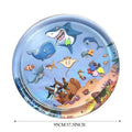 Square blue PVC water playmat for cats with floating fish toys inside, shown inflated on a floor.