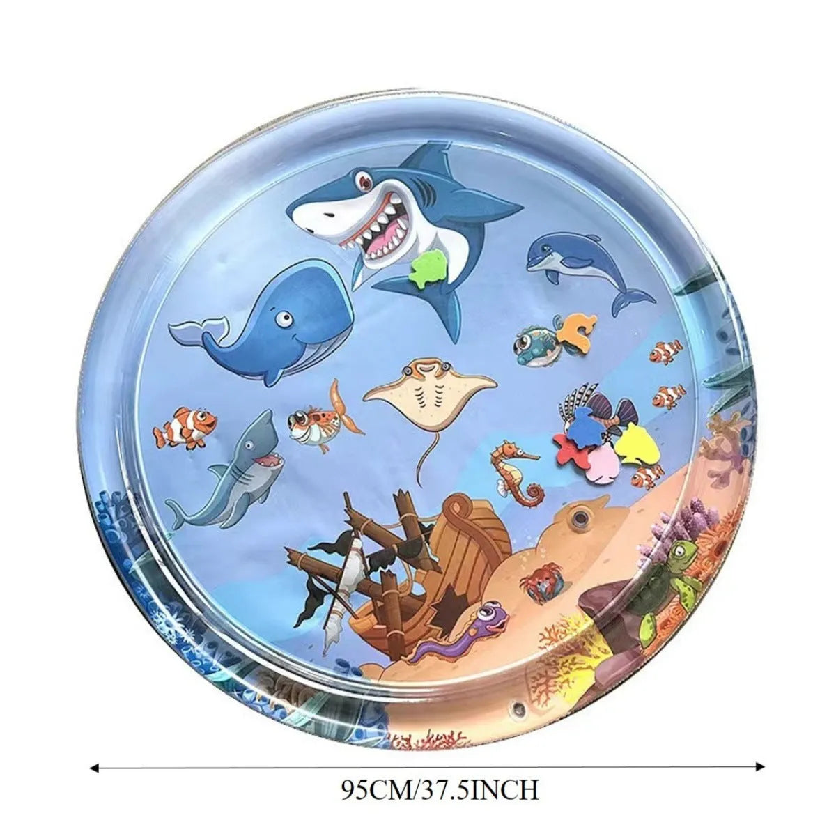 Square blue PVC water playmat for cats with floating fish toys inside, shown inflated on a floor.