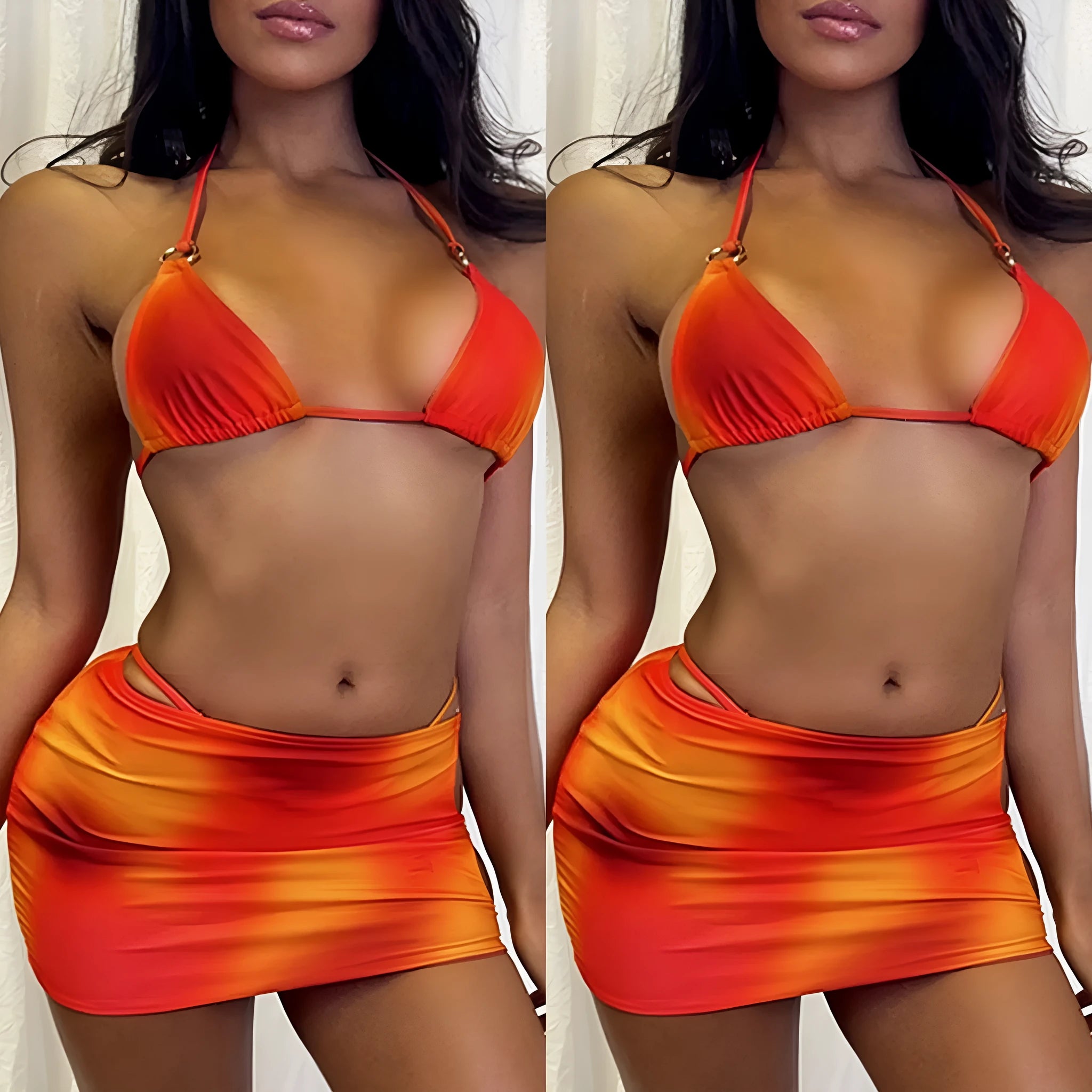 Tie-dye gradient three-piece halter bikini swimsuit set on a mannequin, showing top, high-waisted pants, and skirt.