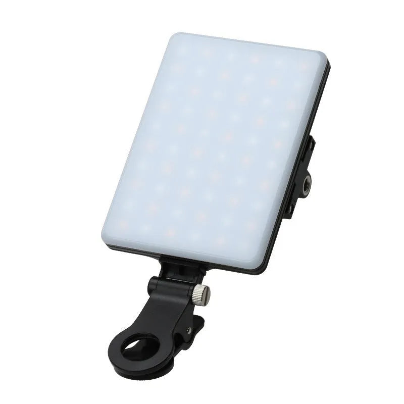 White portable mobile phone fill light with adjustable angle knob and clip attachment
