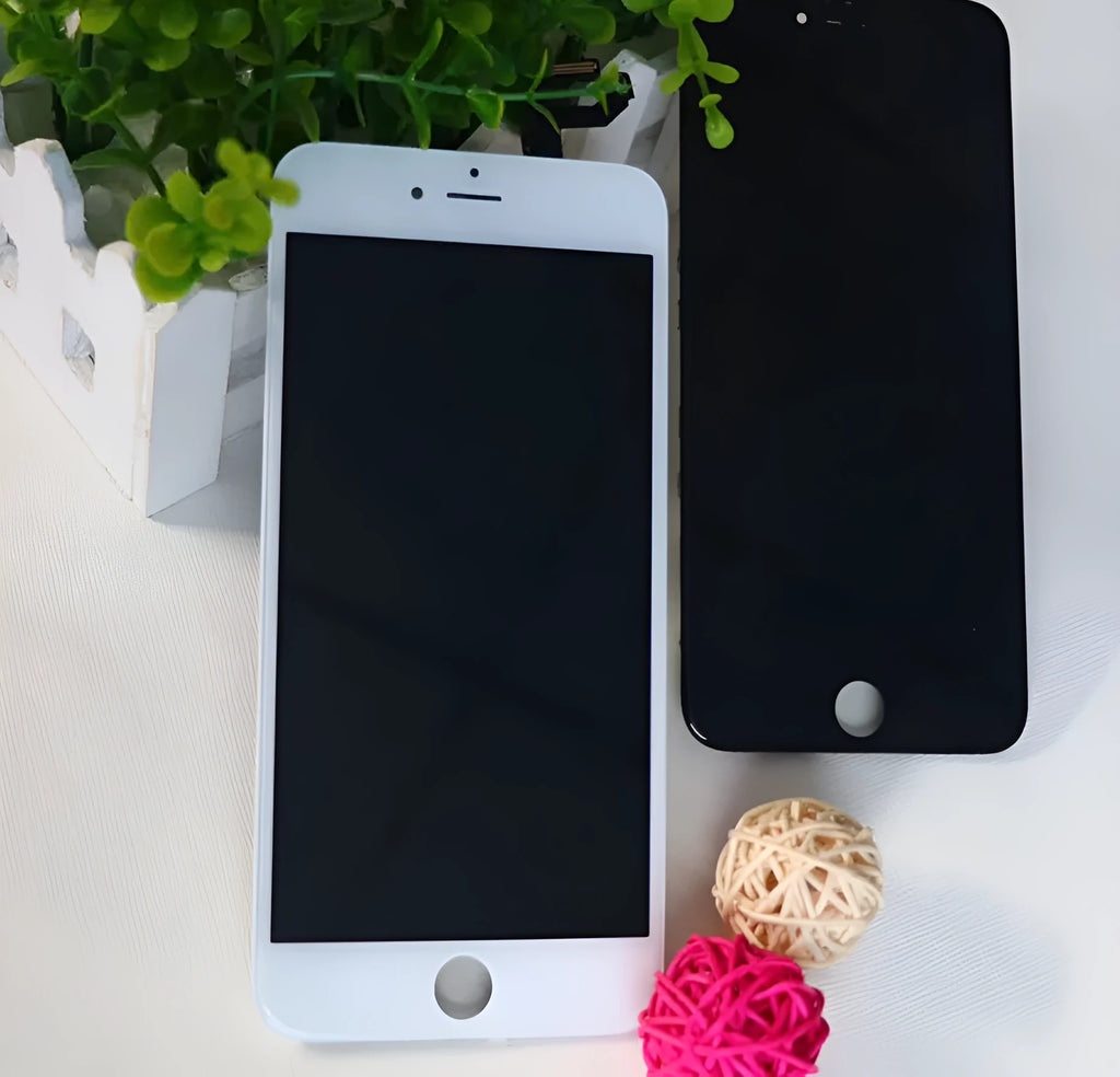 iPhone replacement LCD touchscreen display assembly showing front with black frame.