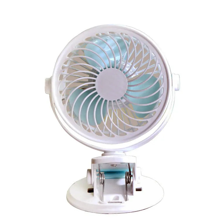 White USB desktop clip fan with three blades and compact 19x15x10cm dimensions