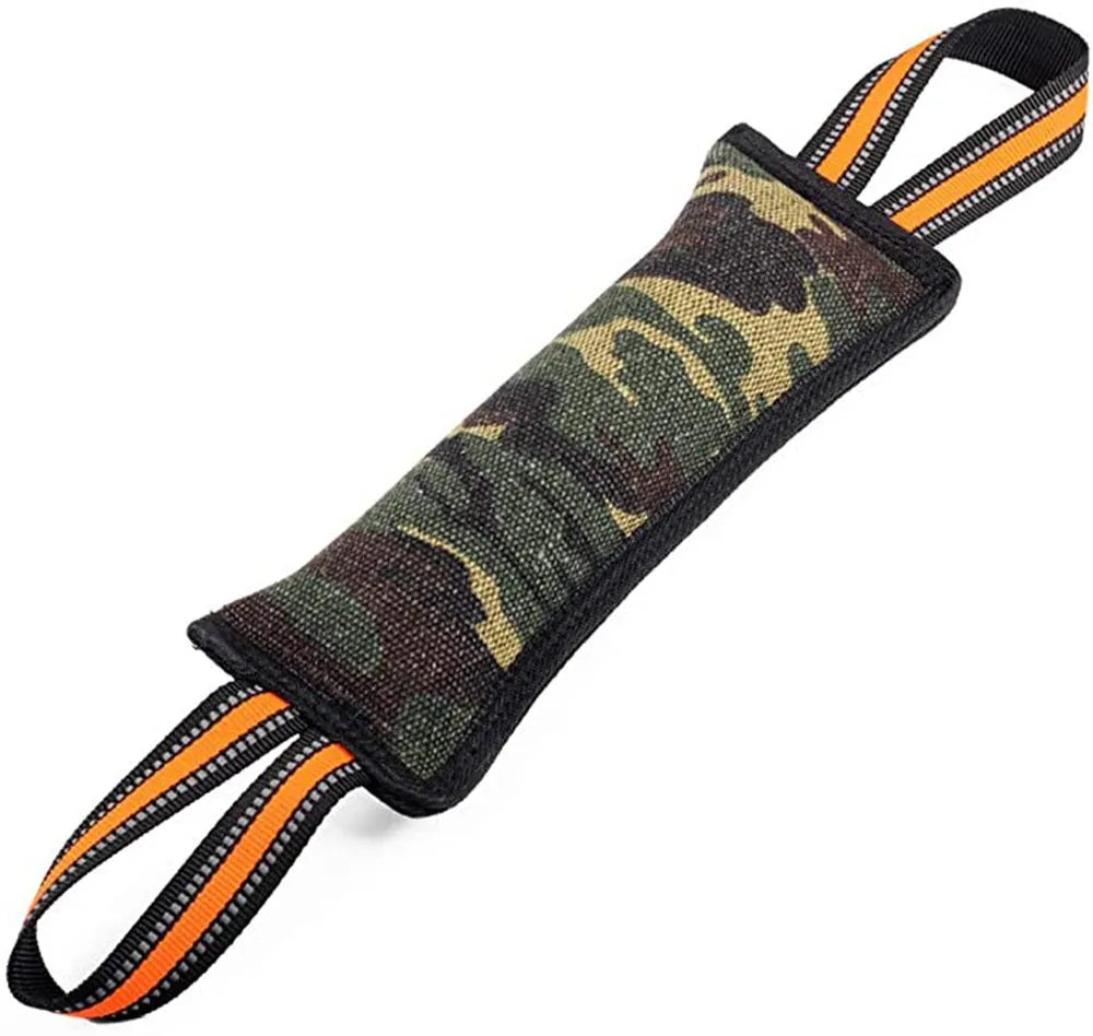 55 cm long yellow-edged jute dog bite stick with reflective strips for training and tug play.