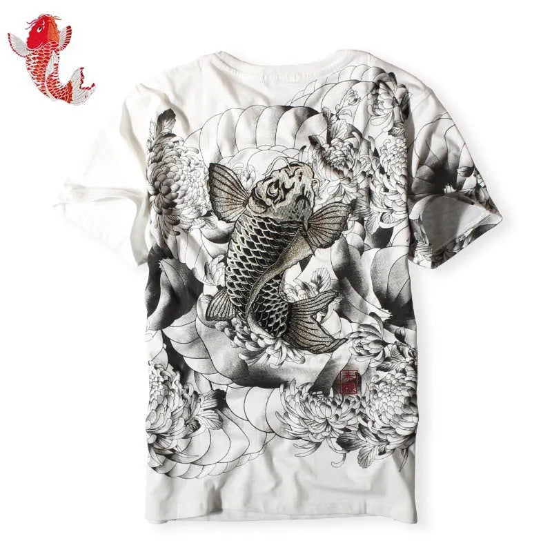 Chinese style embroidered T-shirt with squid tattoo design, pure cotton, loose fit, round neck, short sleeves, black colour