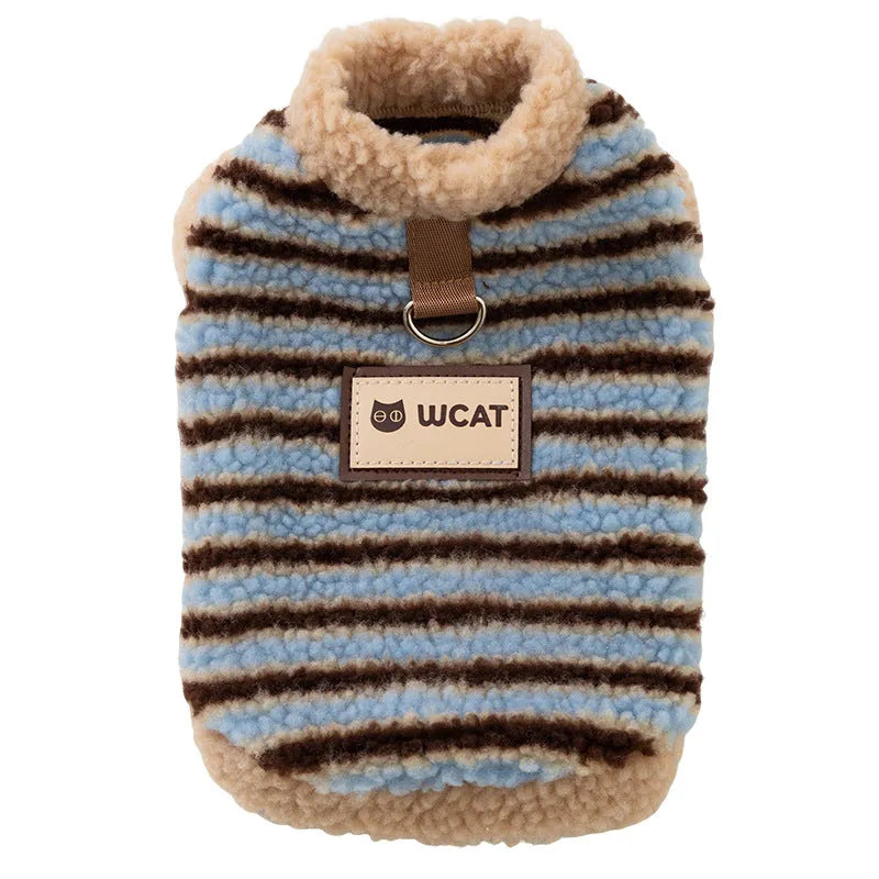 Yellow striped lambskin fleece dog clothing with bear patch and leash ring on a small dog