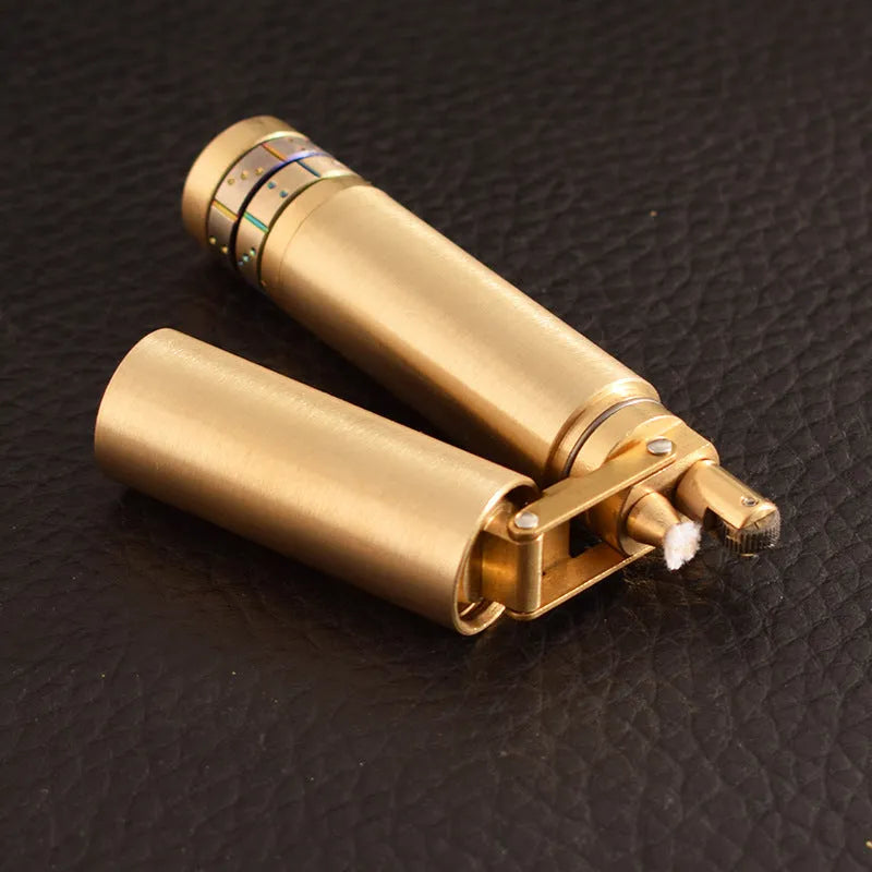 Nunchaku brass kerosene lighter with metal body, YG brushed finish, 9.9cm closed and 12.7cm telescopic length