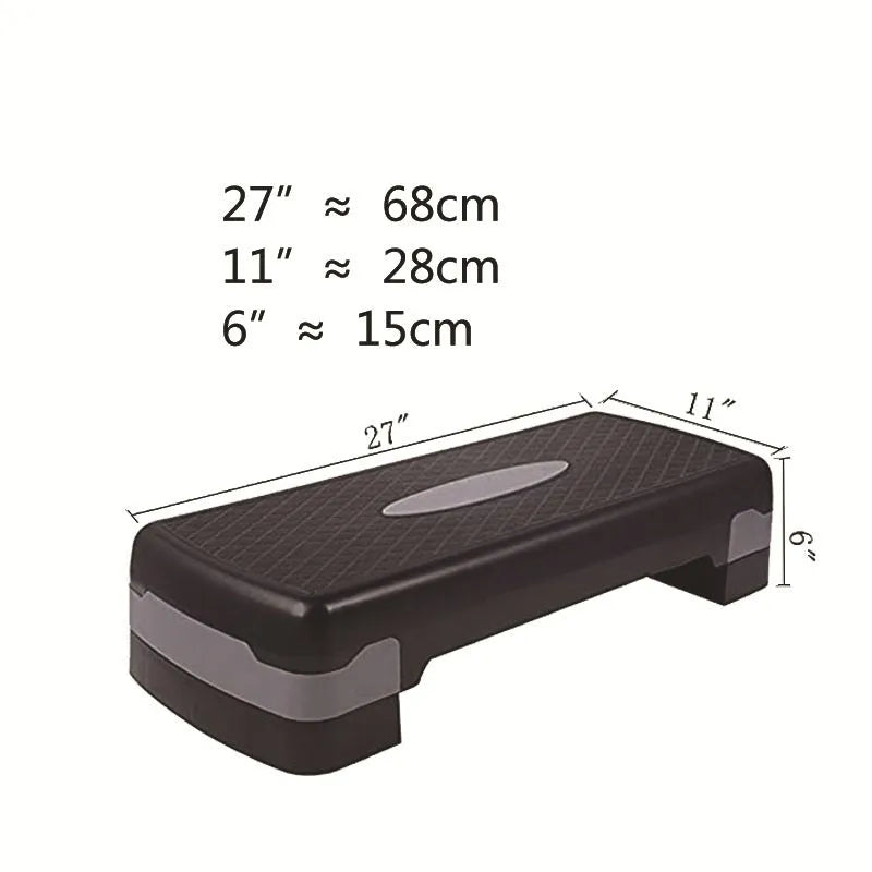 Aerobic fitness step pedal in PP material, 68 x 28 x 15cm, shown in Black and Blue or Grey.