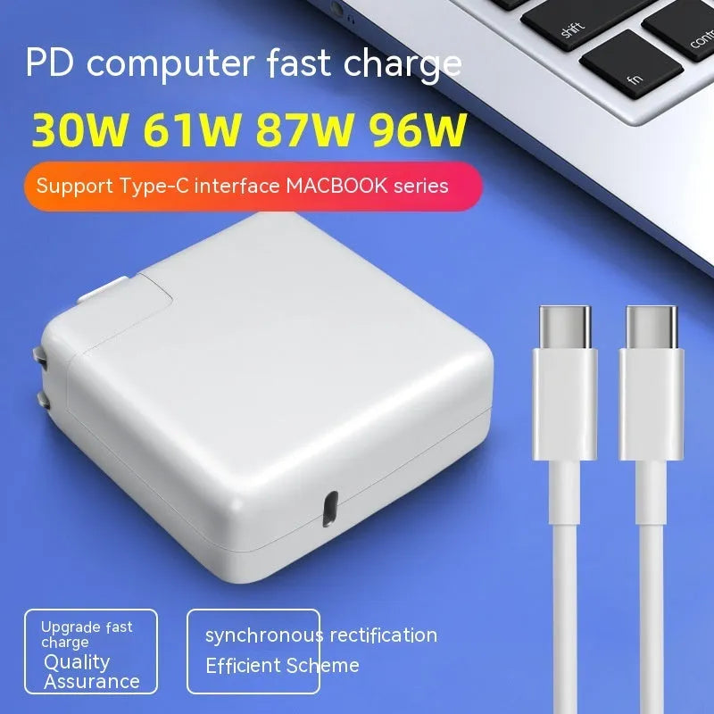 Laptop power adapter charger unit with USB-C cable showing compact 7x7x3cm dimensions