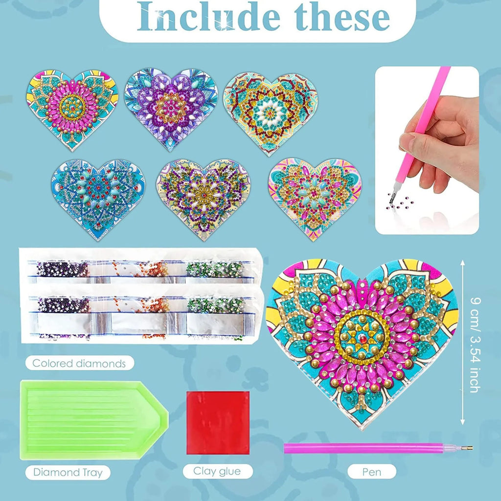 Set of six handmade PU leather flower cornerite bookmarks with stick-on crystals on a surface.