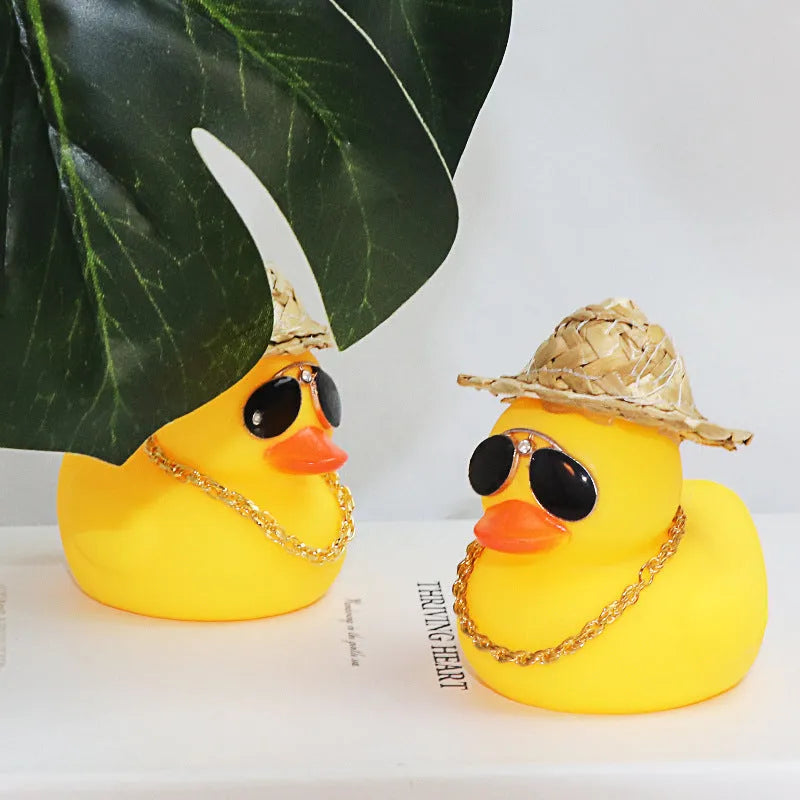 Yellow cartoon duck car ornament wearing straw hat with adhesive base and sunglasses necklace accessory