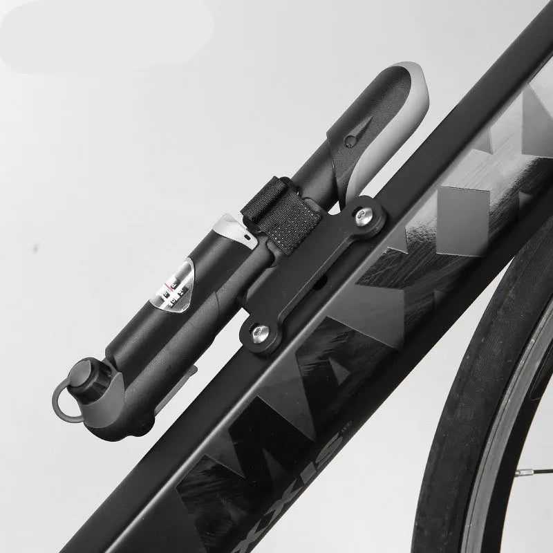 Black bicycle mini pump 18cm with round handle and aluminium alloy valve head on frame bracket