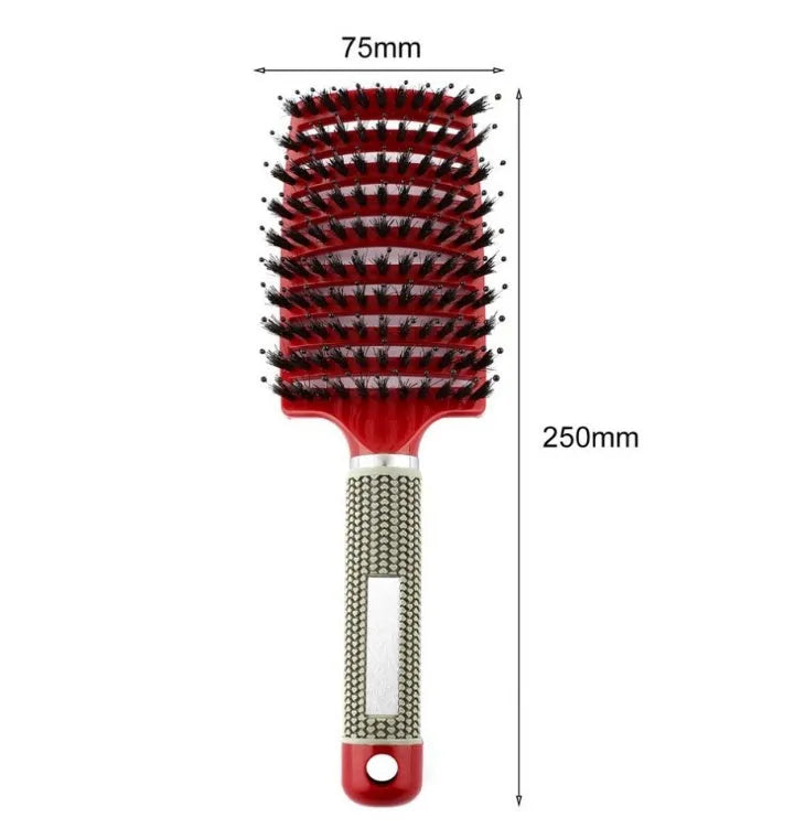 Black bristle and nylon hairbrush with arched comb head and non-slip rubber handle on white background
