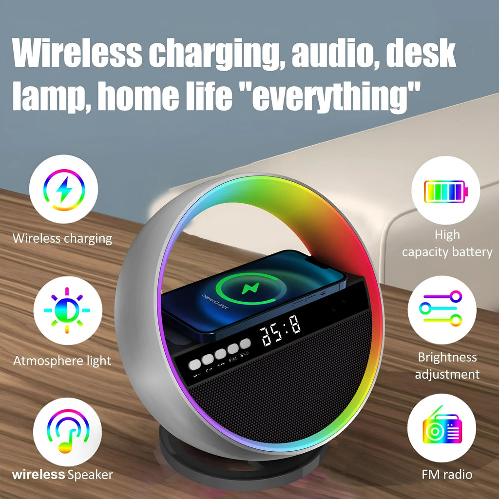 White multifunction RGB night light wireless charger and Bluetooth-compatible speaker, 95x95x126mm, USB powered