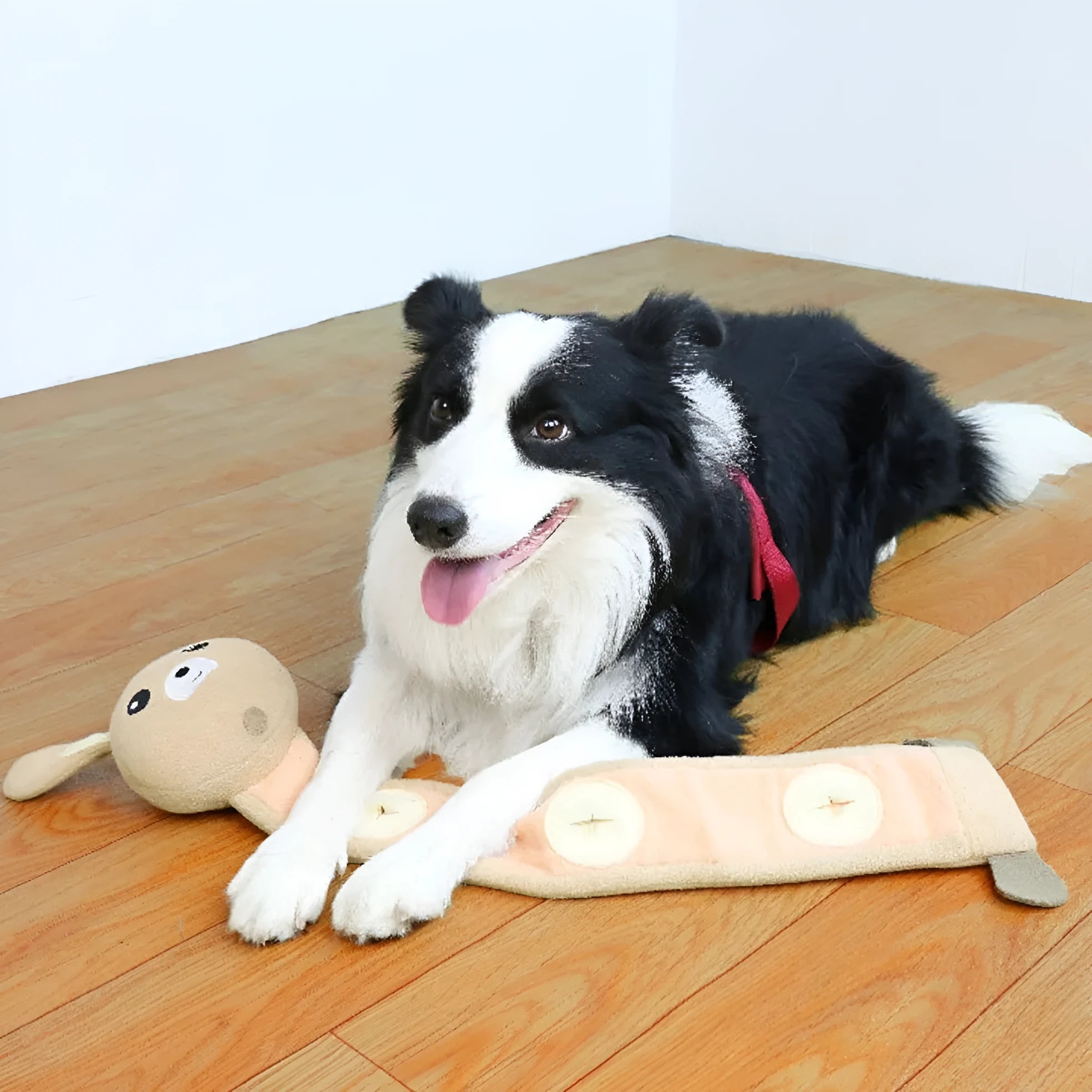 A 65 cm long plush Fleece Rabbit dog toy designed for sniffing games, sound-making, and bite-resistant chewing.