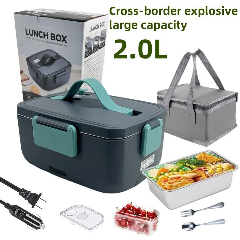 Electric heating lunch box with removable stainless steel liner, 2L capacity, dark green, blue and grey, 260x190x113mm