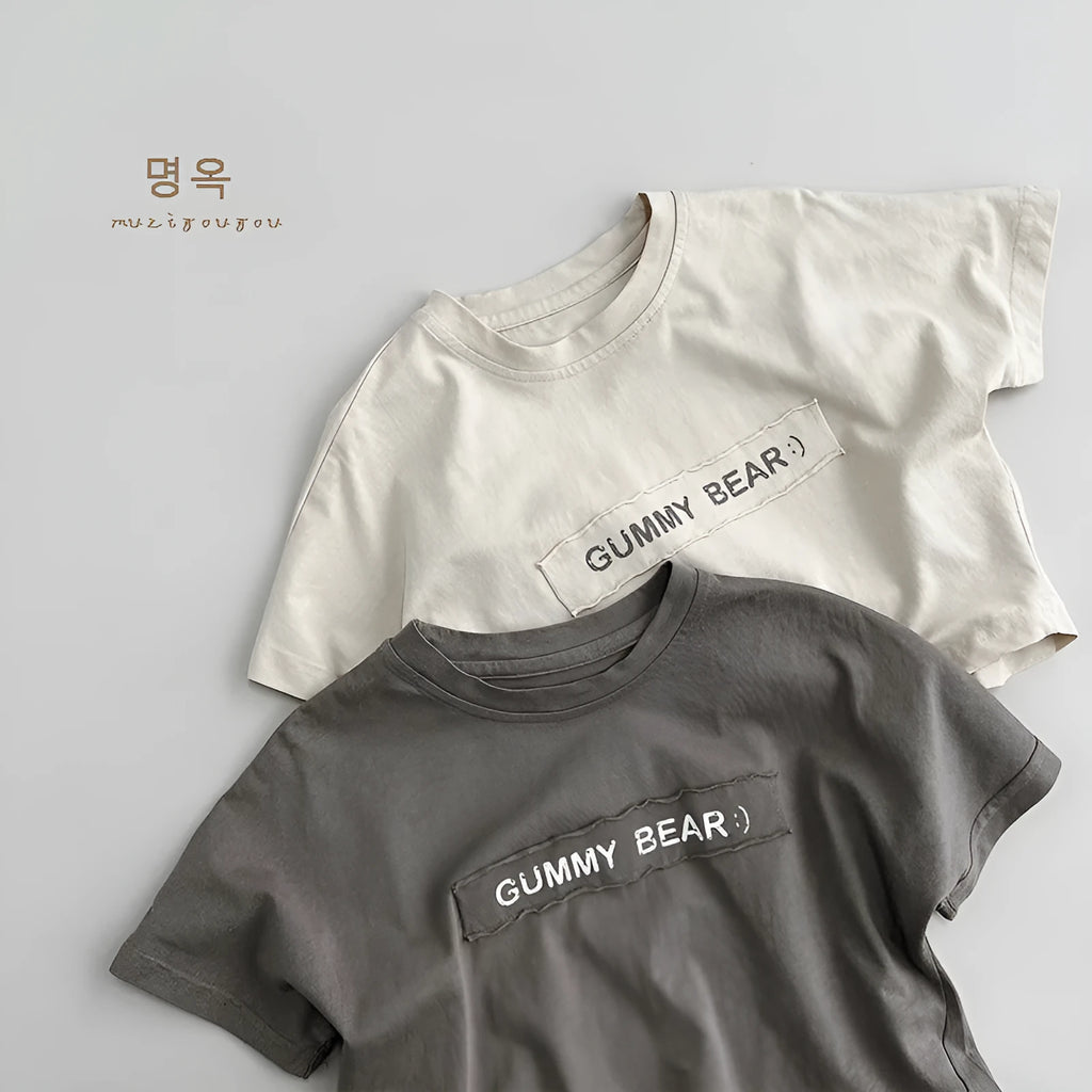 Children's short-sleeve cotton T-shirt in apricot and gray, loose casual fit, suitable for 80-130cm height kids