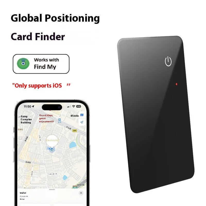 Black card-shaped pet tracker with wireless charging and NFC, showing hanging hole.