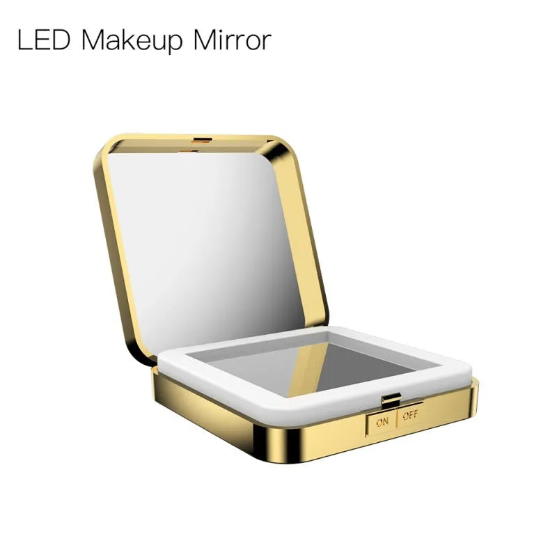 Black and white lighted makeup mirror showing standard and 4x magnifying circles with illuminated ring light.