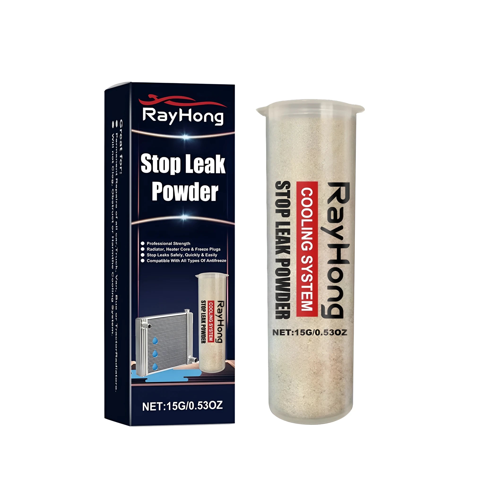 Sealed packet of stop leak powder for temporary pipe and radiator repair, measuring 2.5 by 8.8 centimetres.