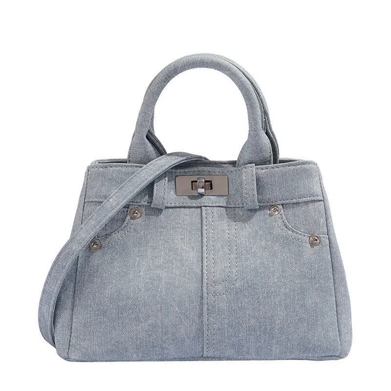 Women's soft PU shoulder bag in denim blue and white colour options without pendants