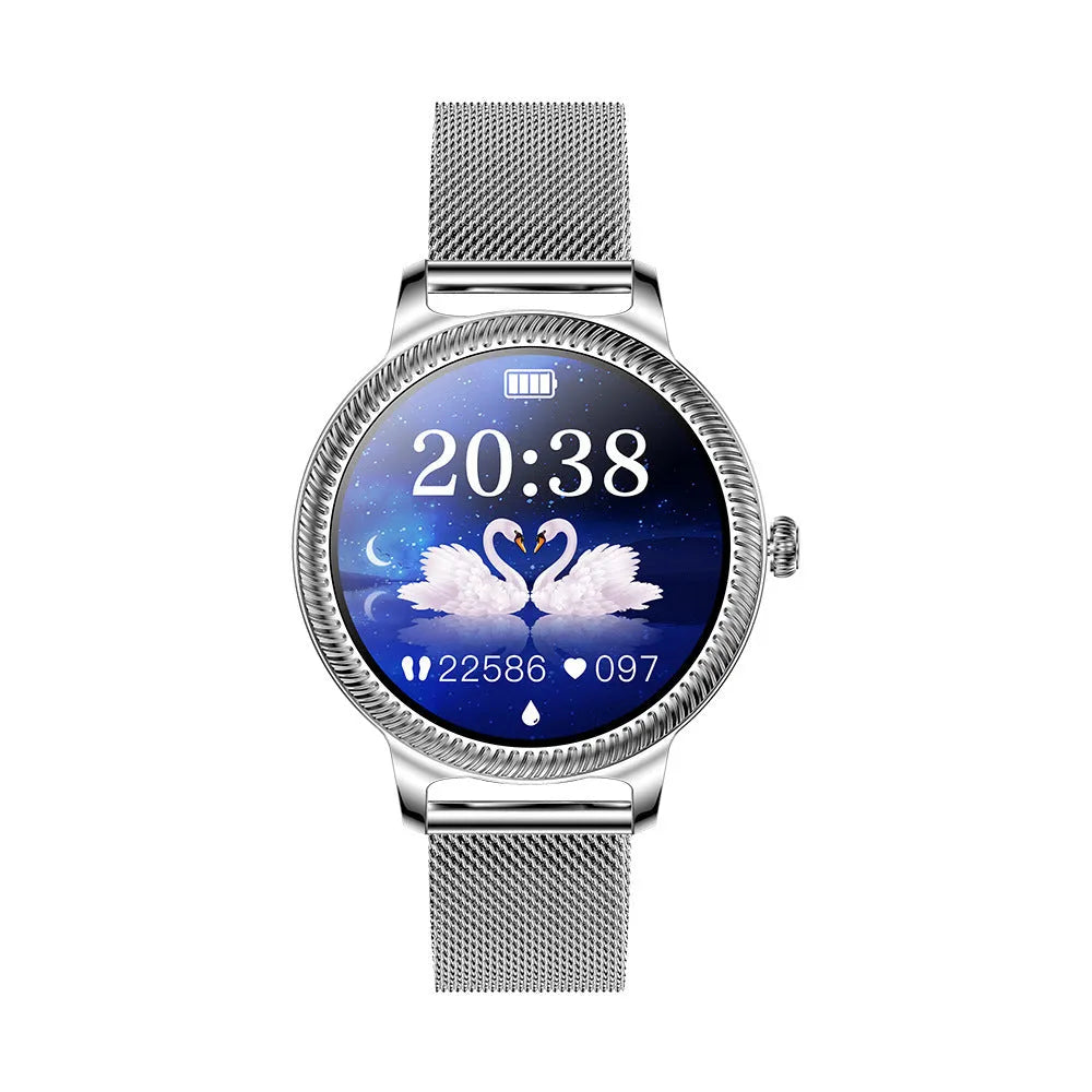 AK38 ladies smart watch with stainless steel band and 1.09-inch display in gold and silver colour options