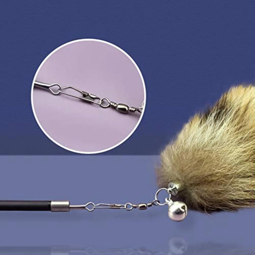 Black cat toy wand with elastic string and feather attachment for interactive feline play