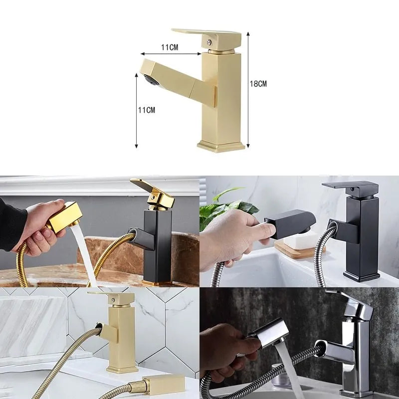 Nordic brass brushed gold pull faucet with square lever design for hot and cold water control