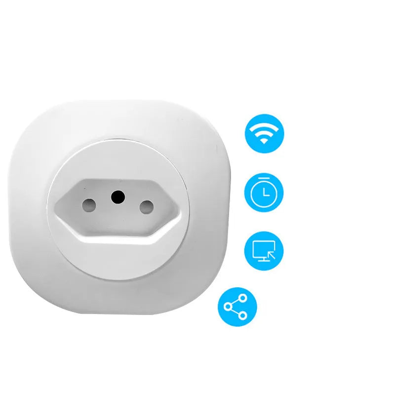 White Wi-Fi smart plug with EU-style pins on a wooden surface.