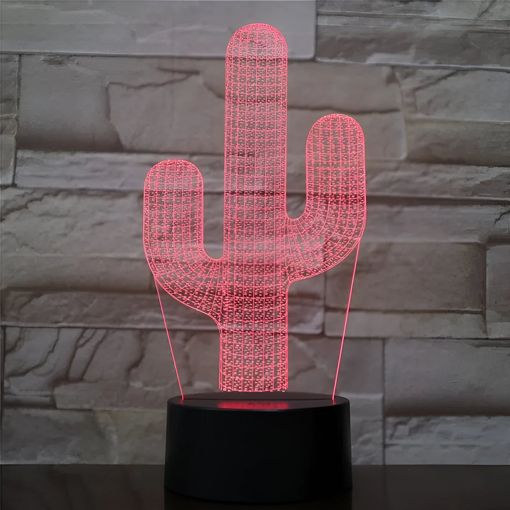 Cactus LED night light with 3D illusion board showing green glow on a table