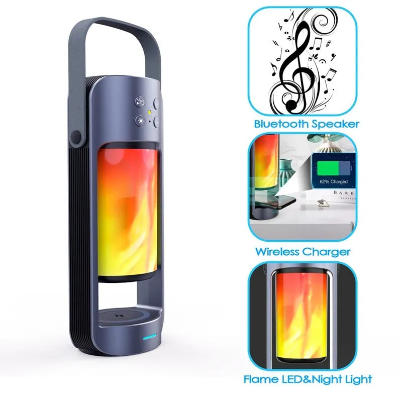 Alpha Flame Light Bluetooth Speaker showing decorative yellow flame effect and wireless charging pad.