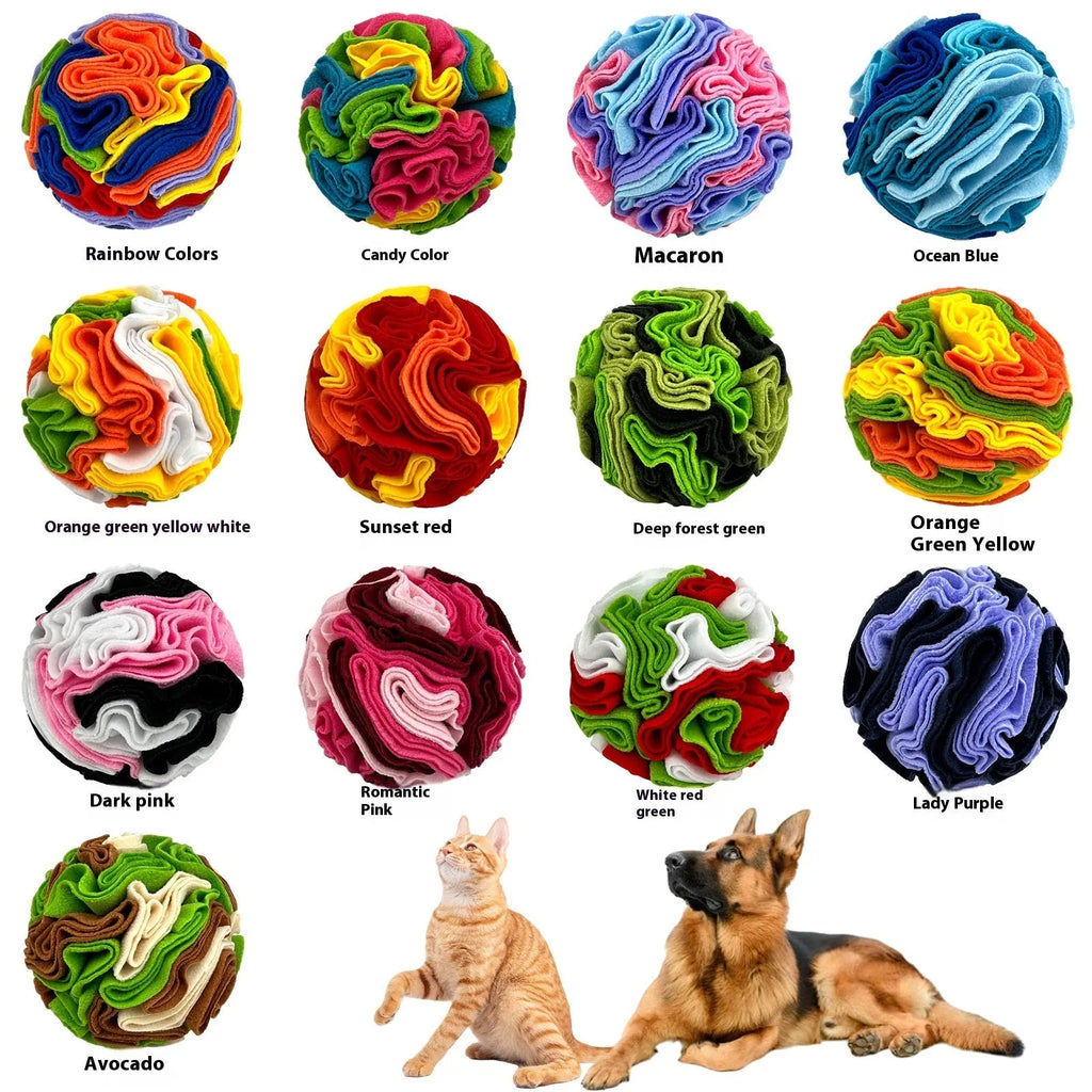 Rainbow colour molars-style polar fleece pet sniffing toy ball for dogs in size 15cm