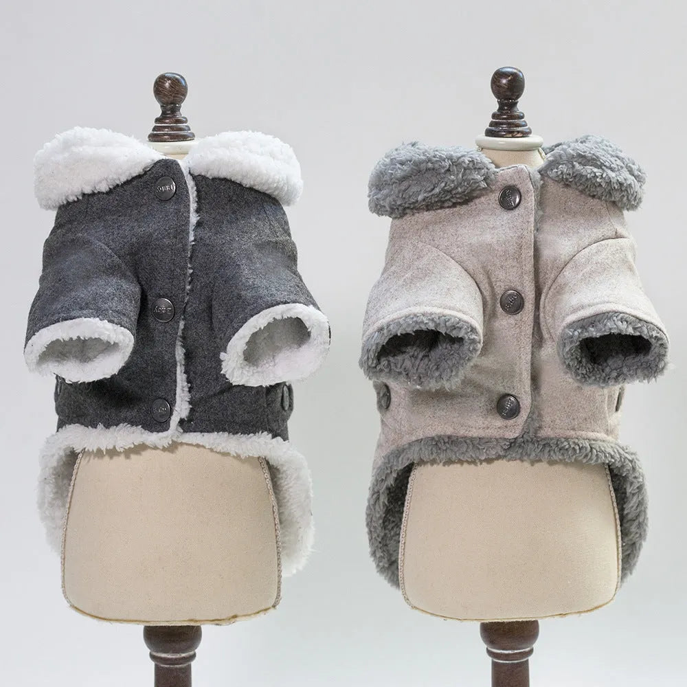 Cotton winter dog jacket in dark gray, Nordic style, size L, on a pet store display