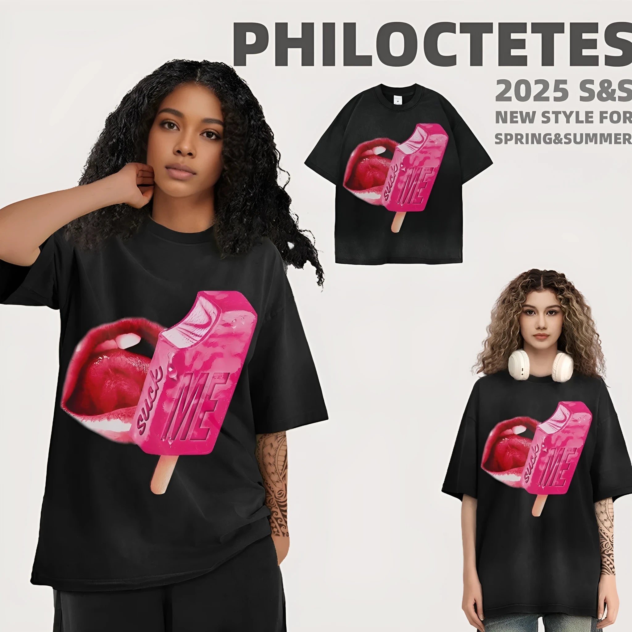Black heavy washed short-sleeved cotton t-shirt with cartoon pattern, loose streetwear fit.