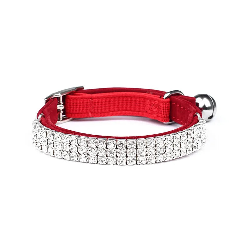 Red suede cat collar with rhinestones, adjustable strap shown at 25 cm.