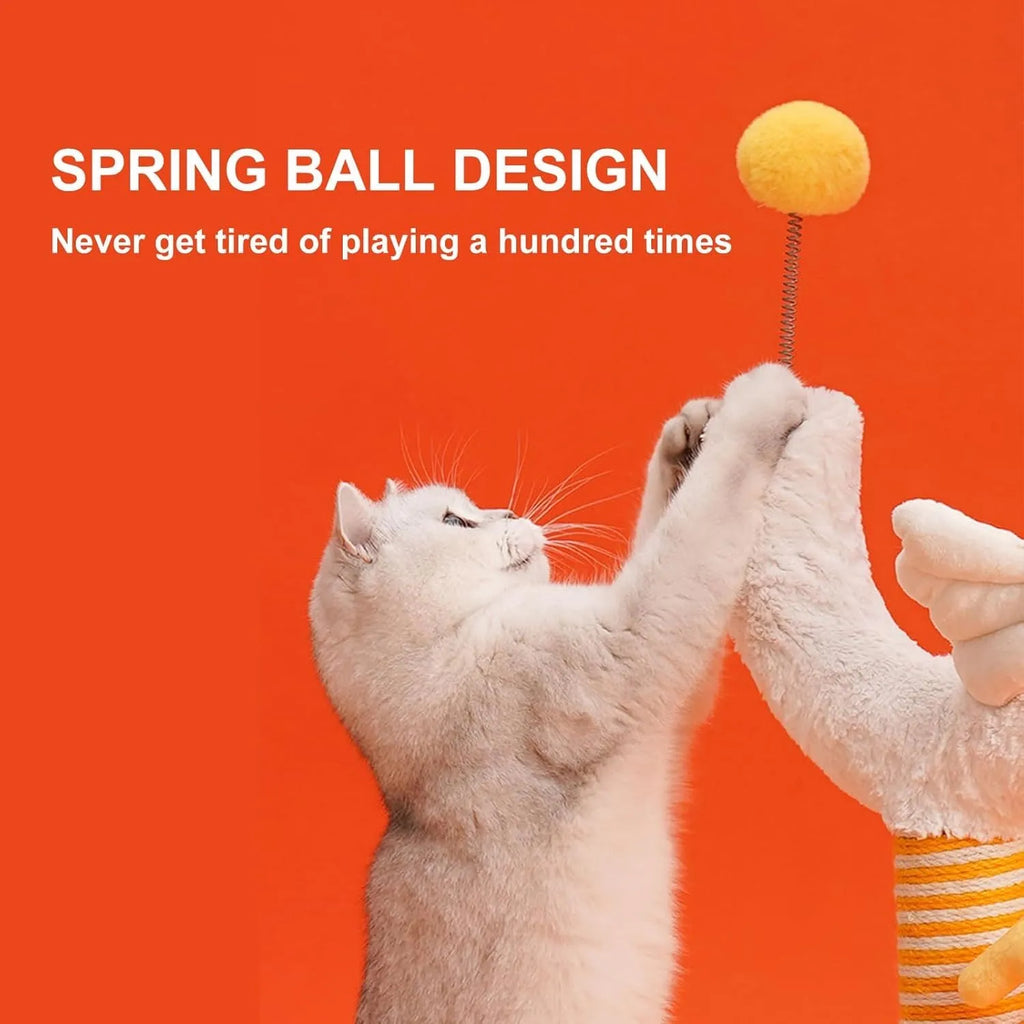 Tall sisal rope vertical cat scratching post with U-shaped design, spring ball, and chicken strip climbing feature.