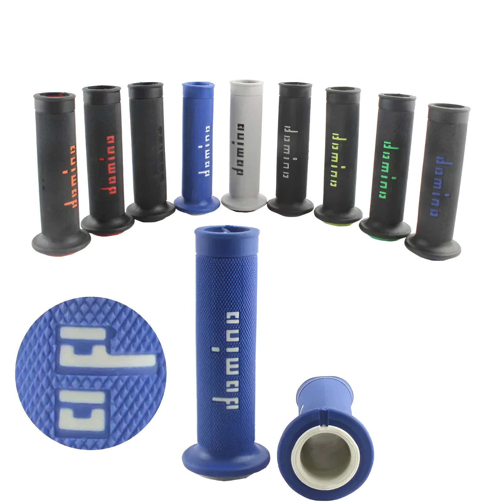 Pair of Domino-style motorcycle handle gel grips in a chosen colour, showing non-slip rubber texture.