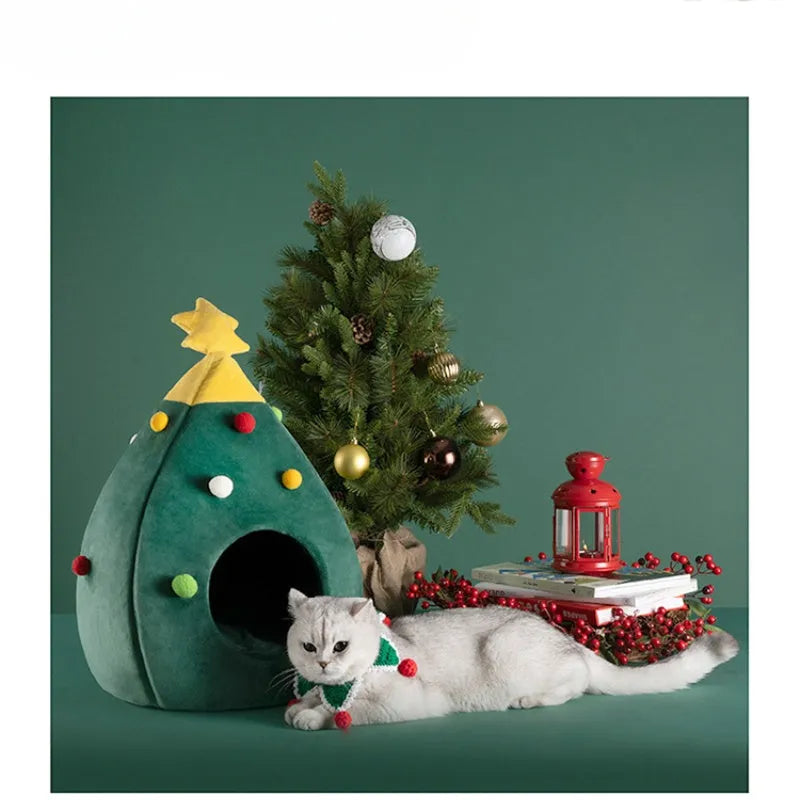 Christmas tree-shaped plush pet cave bed for cats and small dogs with detachable cover