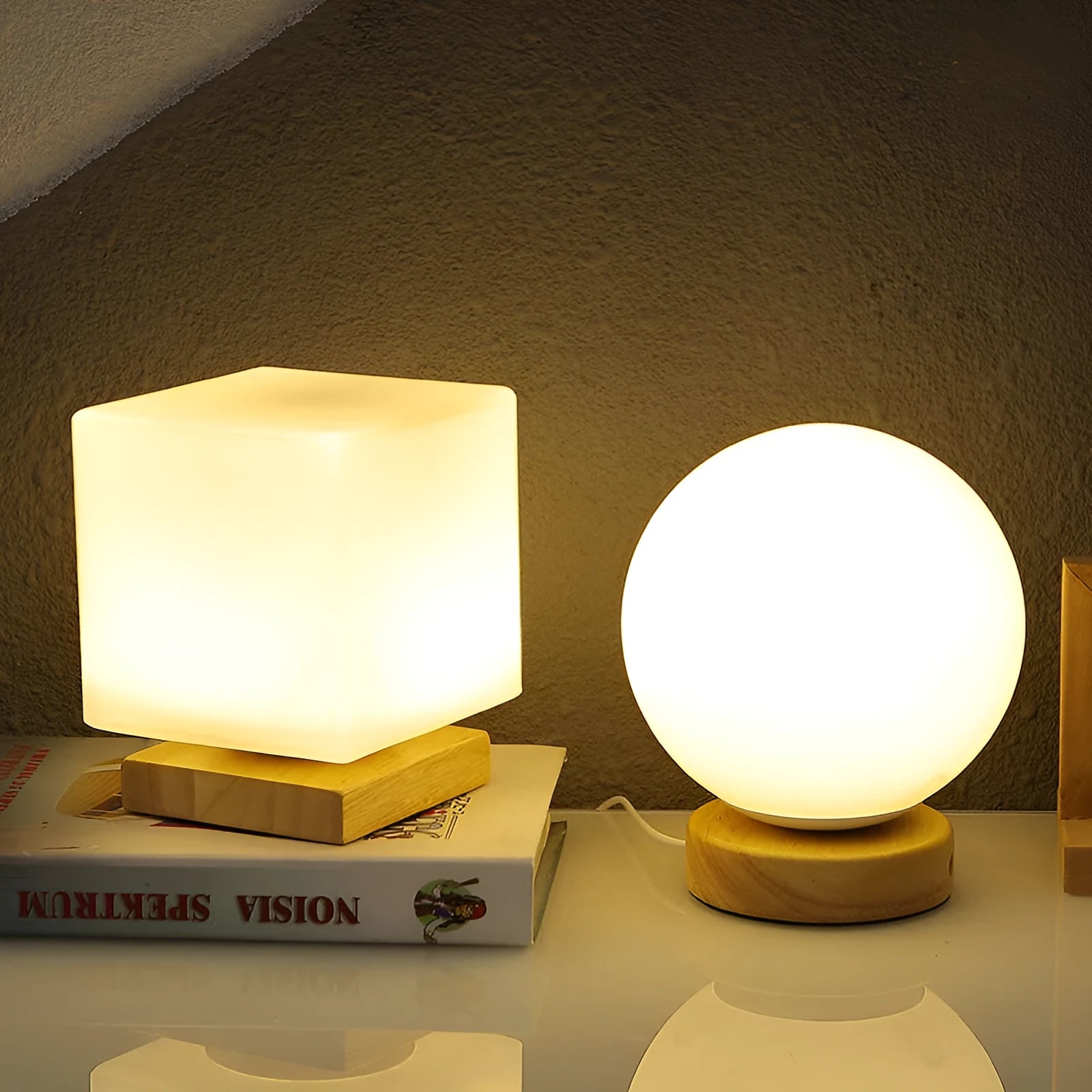Nordic solid wood USB table lamp with touch control in geometric shapes on wooden surface