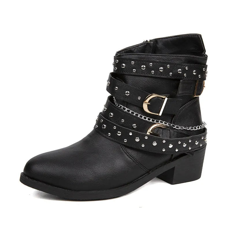 Women's Dr Martens-style punk rivet boots with metal elements, short stout heel, solid colour artificial PU upper, black blue dark brown green